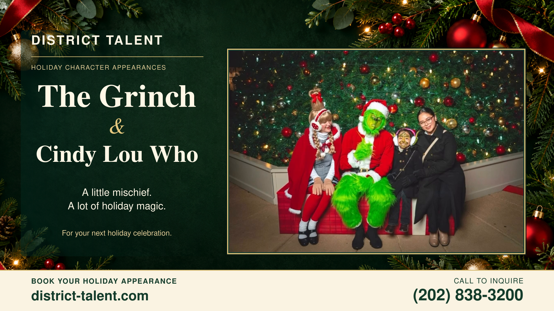 The Grinch and Cindy Lou Who with two guests beside a decorated Christmas tree